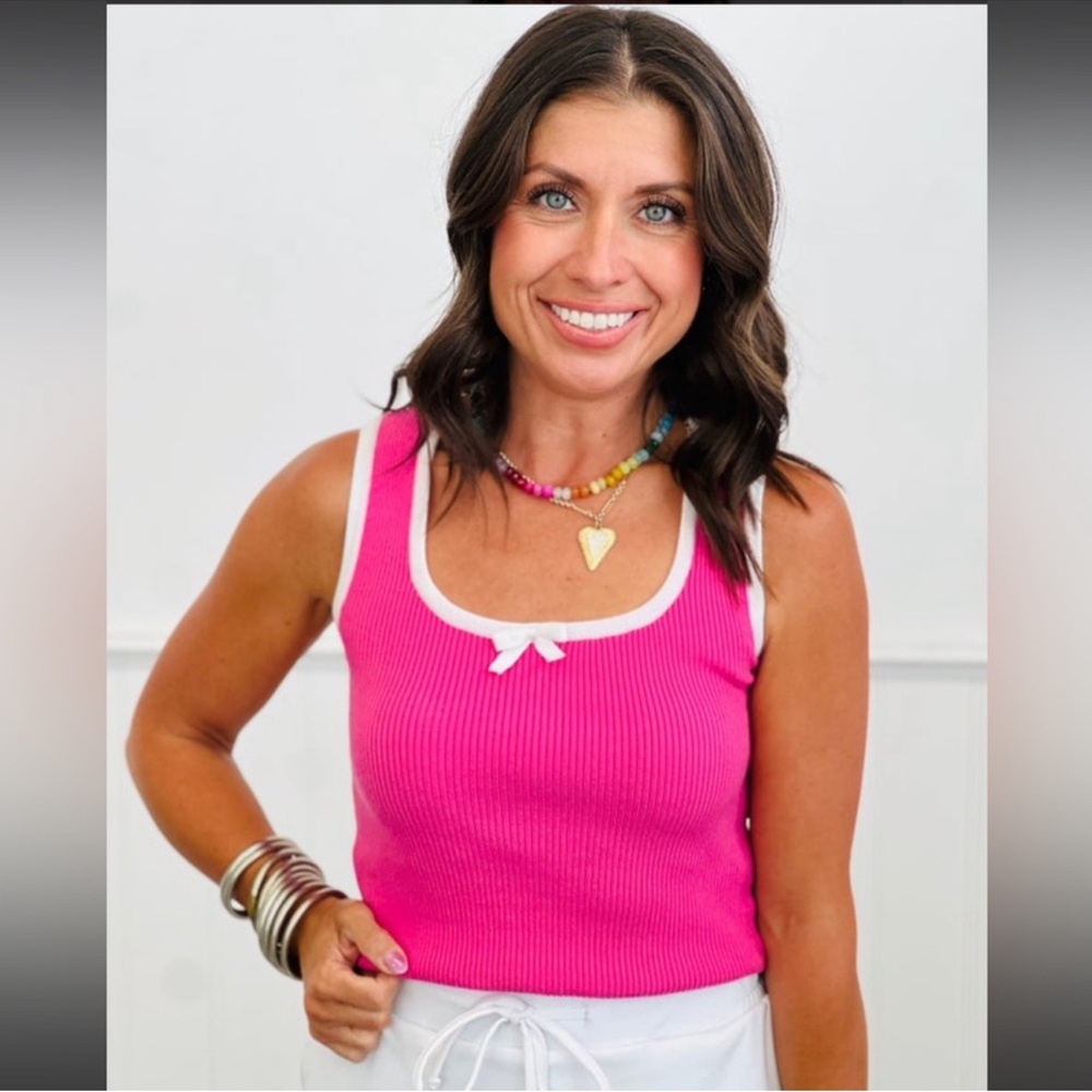 🆕🩷ALLIE ROSE: Pink Contrast Trim Front Bow Detail Tank Top SMALL